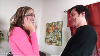 Cute girl kisses her man and sucks his dick