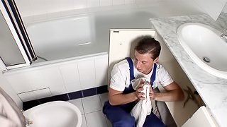 A plumber cleans a drain then fucks her tight pussy